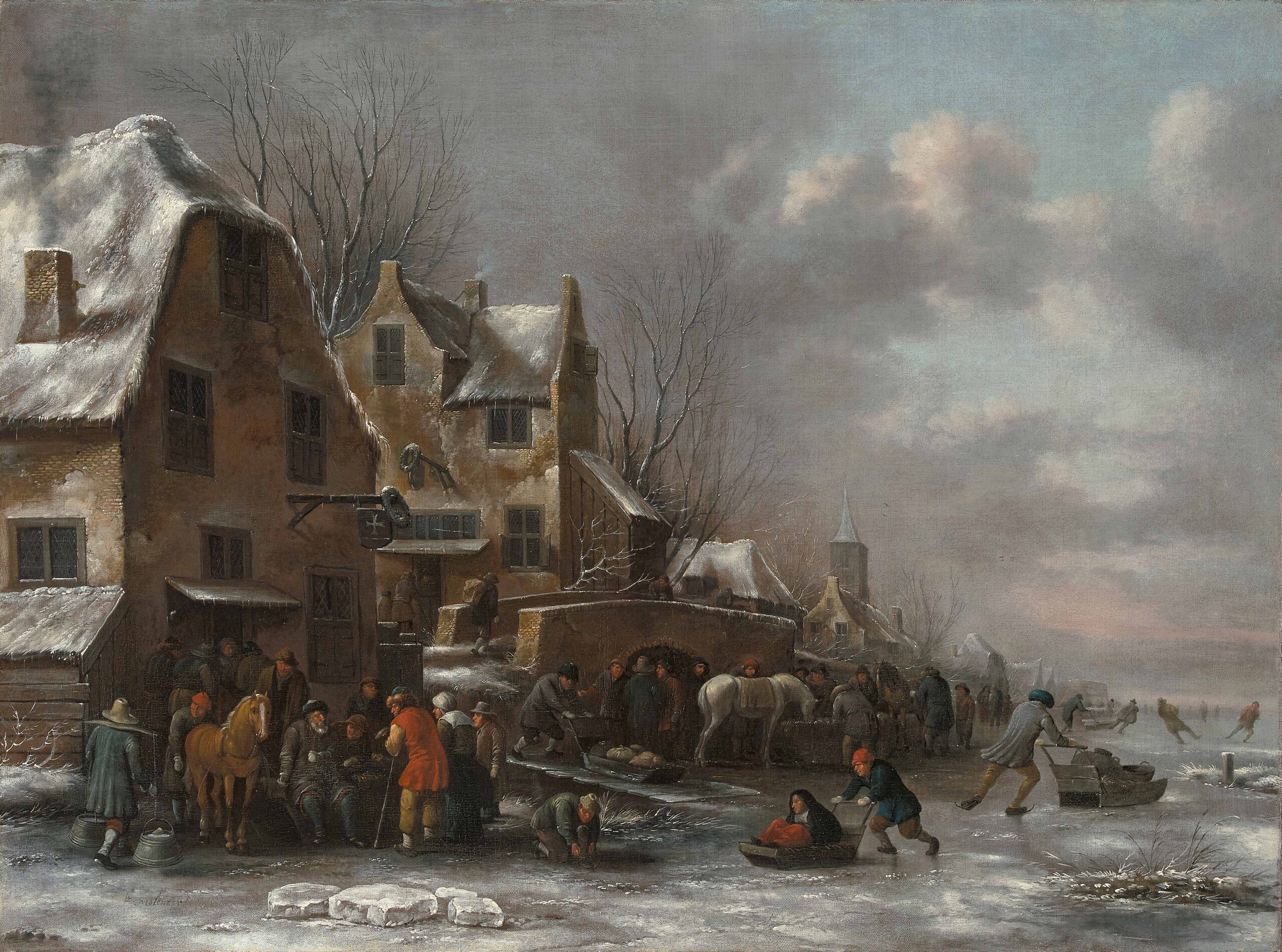 Winter scene with people and horses