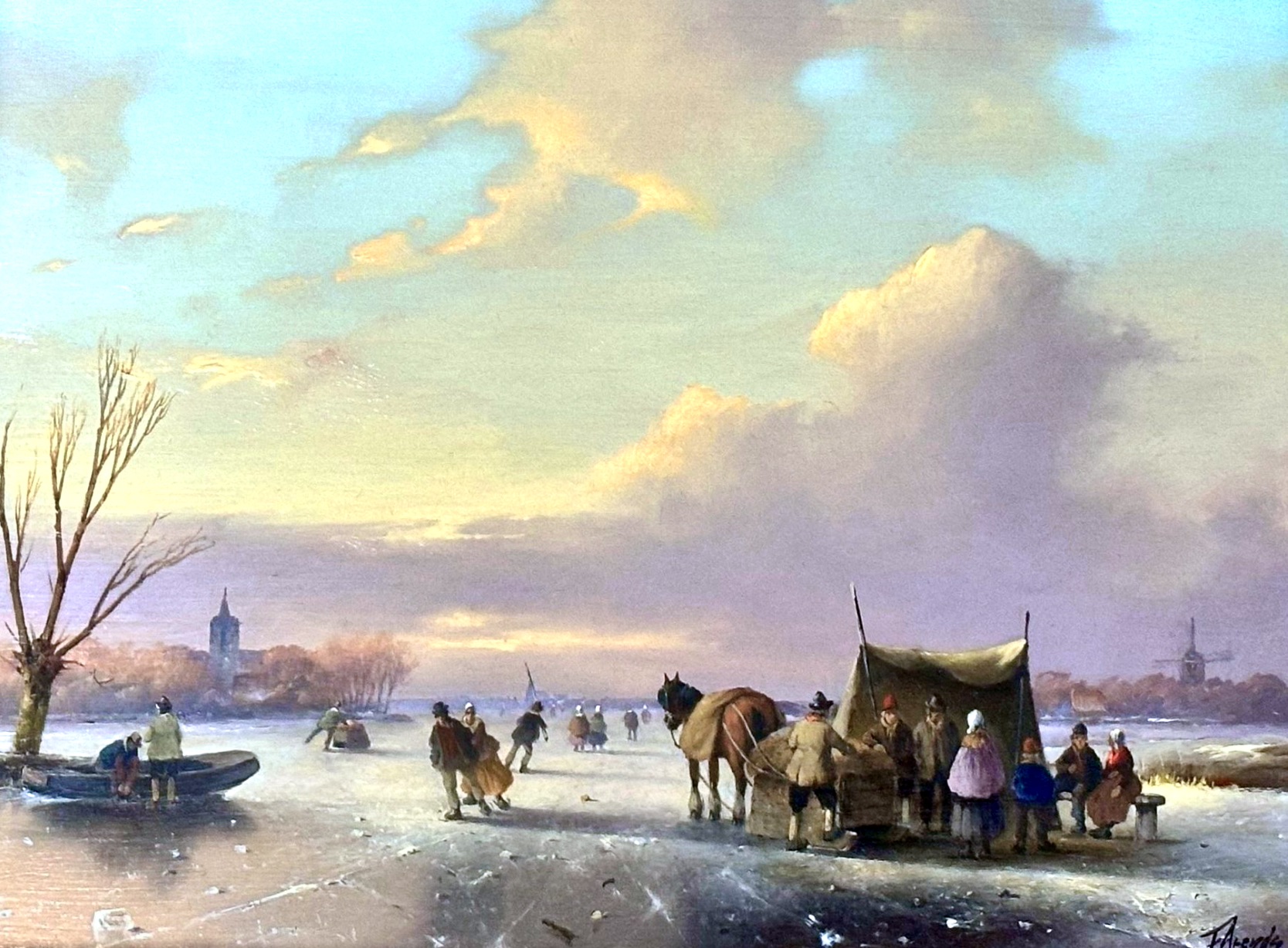 winter schilderij Frozen landscape with people and horses